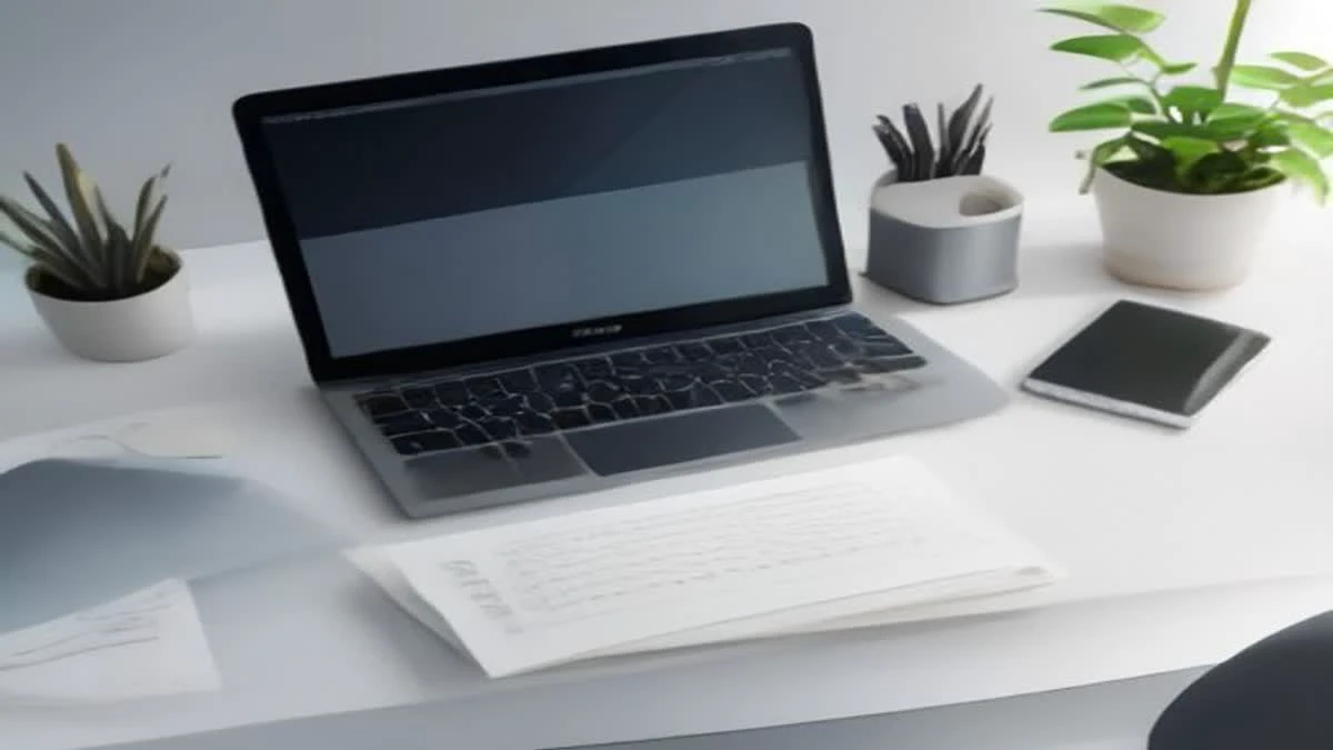 Photograph: top-down flat lay of a bright minimal desk with a laptop and a smartphone showing an abstract rising line chart, soft morning light