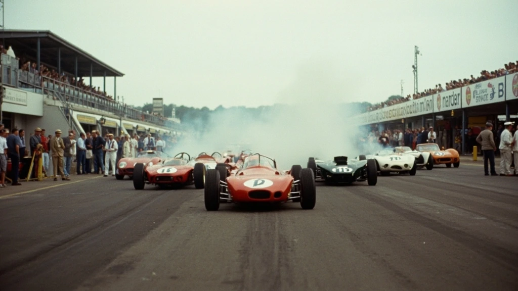 Pre-1966 GT cars lined up in the Donington Park pit lane