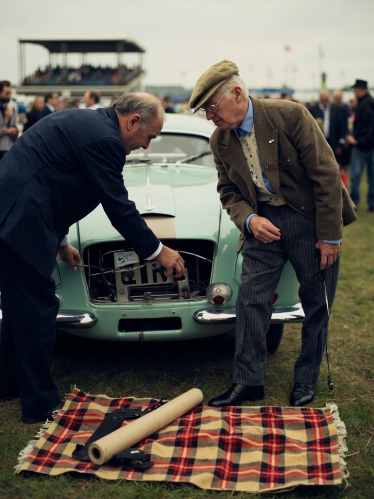 FIA steward judging an Aston Martin DB3S at the concours